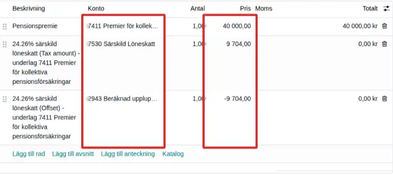Leverantörsfaktura i Odoo där särskild löneskatt har lagts till automatiskt under pensionspremien